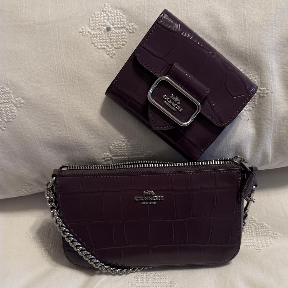 Coach Dark Purple Croc-Embossed Bag and Wallet